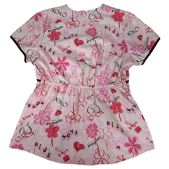 SB Valentines Day Heart Print Scrub Top Womens Size Medium Short Sleeve Pink - Picture 5 of 7